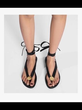 Black Ankle-Tie Flat Sandals with Gold Accent